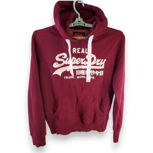Superdry Hoodie Mens Medium M Orange Label Pullover Burgundy Graphic Logo
